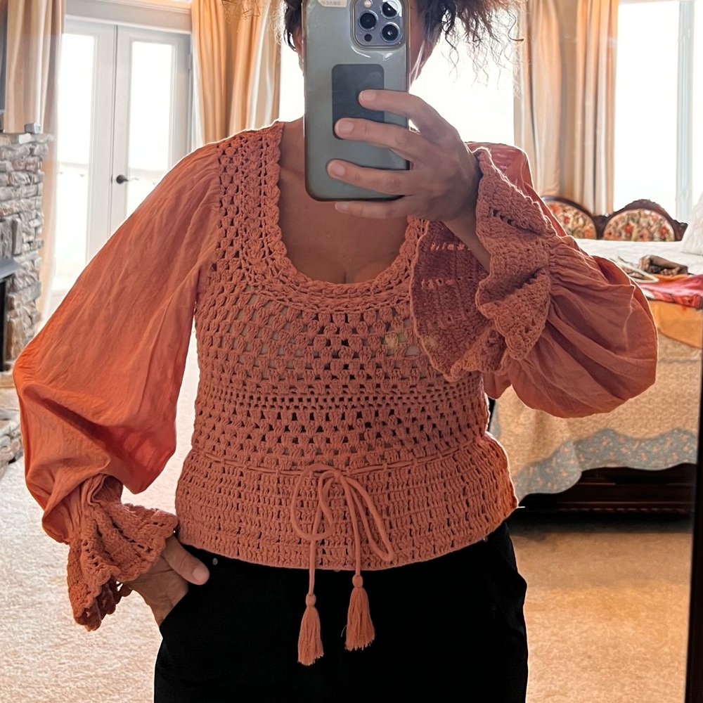 Never worn Free People long sleeve top with crochet embellishment